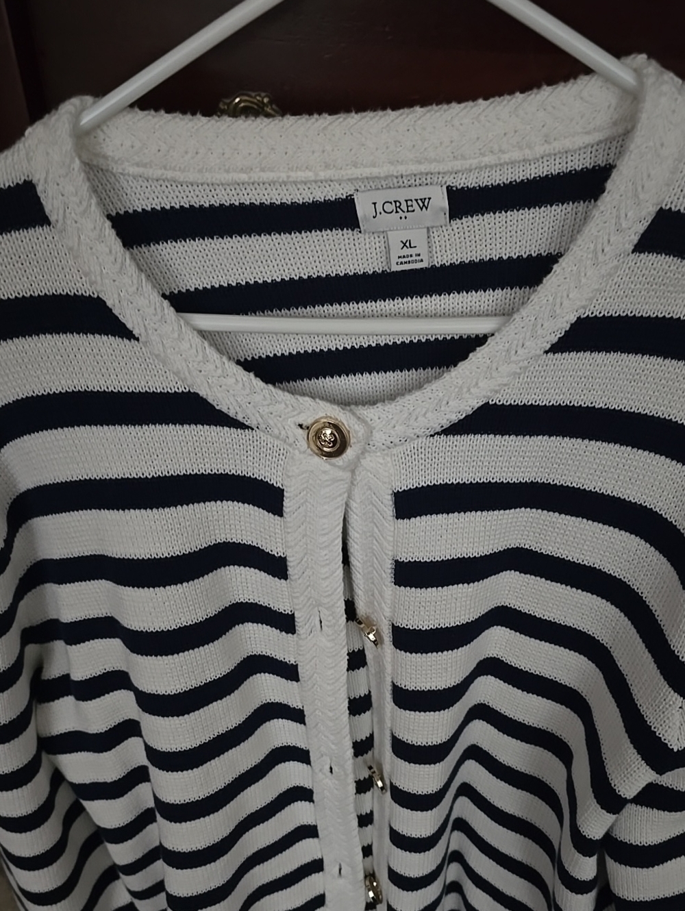 J. Crew Navy and White Striped Knit Cardigan with Gold Buttons